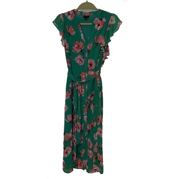 Who What Wear Green Floral Midi Dress Womens Small Ruffles Lined - Picture 1 of 9